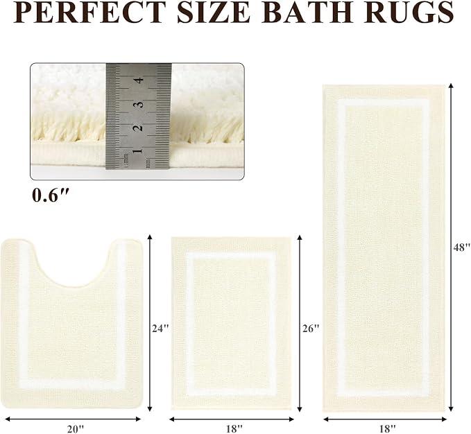 Pauwer Bathroom Rugs 3 Piece Set, Non Slip Washable Bath Mat, Ivory | Soft Plush Microfiber, Super Absorbent Floor Carpet, U Shaped Toilet Mats, Quick Dry, Shaggy Shower Rugs Runners