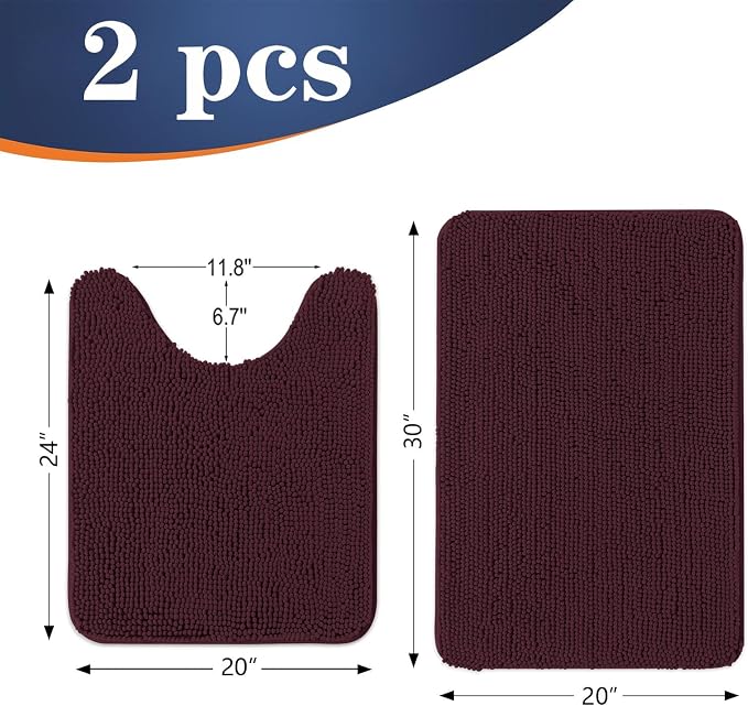 OLANLY Chenille Bathroom Rugs Sets 2 Piece, 30"x20"+24"x20", Black Cherry | Soft Absorbent Bath Mat and U-Shaped Contour Toilet Rug Set, Quick Dry, Machine Washable Bath Carpet, Home Decor Accessories