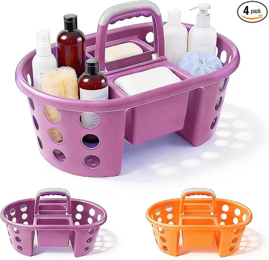 SIMPLYKLEEN Large Shower Caddy Portable 2PC - Made in USA Plastic Jumbo Size Dorm Storage Candy Tote with Handle Shower Organizer for Bathroom, Pantry, Kitchen, College Dorm, Orange/Purple