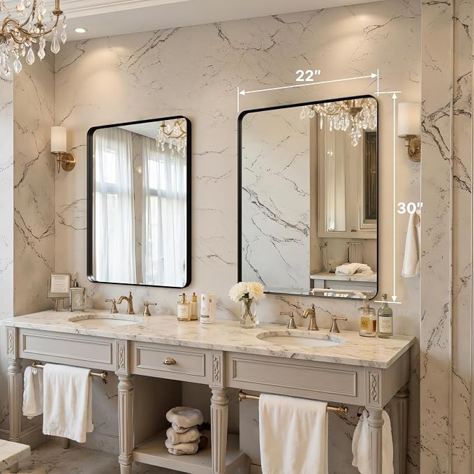 30"x22" Bathroom Vanity Mirror for Wall Aluminum Framed Farmhouse Rectangle | Anti-Rust, HD Reflection Anti-Desilvering, Distortion Free, Tempered and Shatter-Proof Wall Mounted Mirror, Black