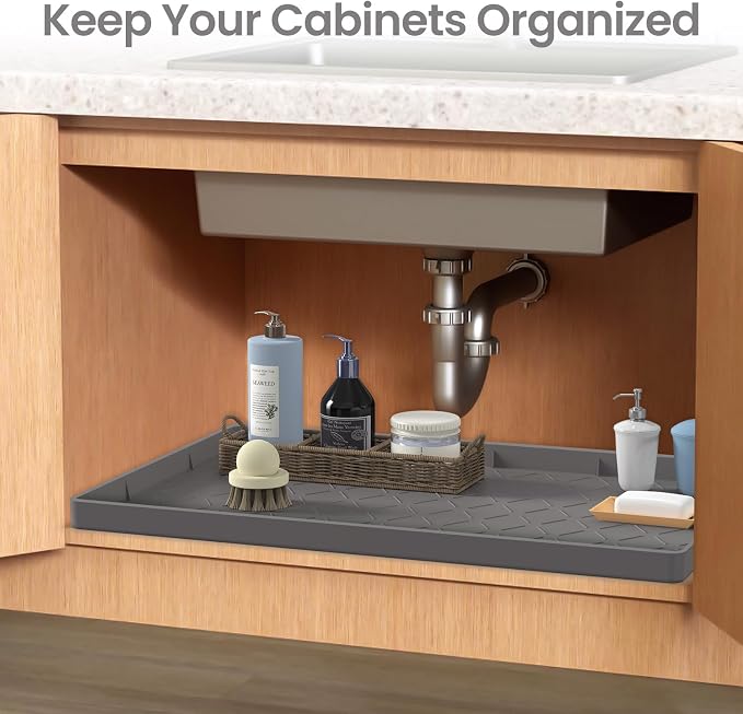 Mateeylife Under Sink Mats for Kitchen Waterproof 34"X22", Undersink Protectors，Silicone Mat Cabinet Liner, Under Sink Organizer for Bathroom and Kitchen，Boot Tray Pet Food Mat, Slate Grey