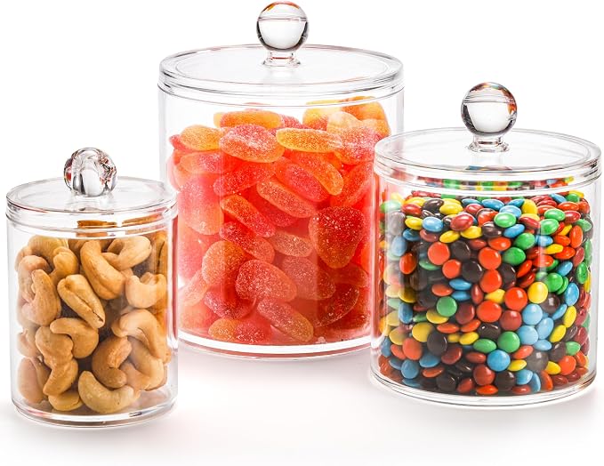 YOUEON 6 Pack Acrylic Apothecary Jars with Lids, 32/20/10 Oz Clear Cotton Ball & Pad Holder, Bathroom Canister Candy Jar for Bath Salt, Cotton Pads, Candies
