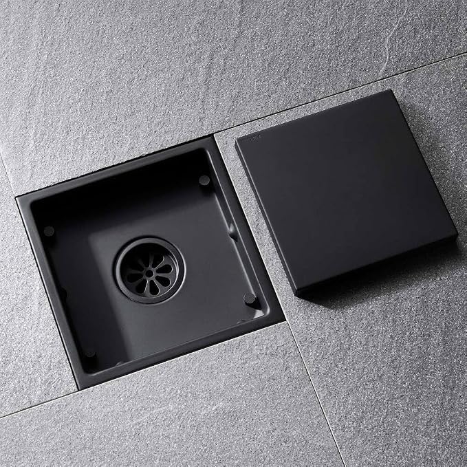 ELLO&ALLO 6 Inch Square Shower Drain Black Floor Drain with Flange Reversible 2-in-1 Cover Tile Insert Grate Removable SUS304 Stainless Steel Matte Black