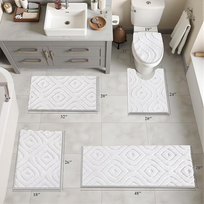 Ileading Bathroom Rugs Sets 5 Piece, Non Slip Washable Bath Mat Set | Absorbent Plush Microfiber Bathroom Mat Set with Toilet Cover, Bath Runner and U-Shaped Contour Rug for Tub, Shower, White