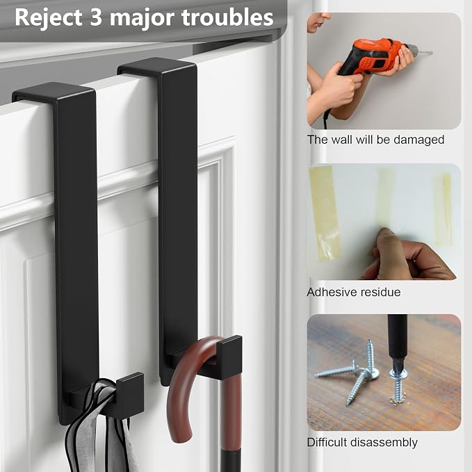 PMMASTO 10 Inch Extended Over The Door Hooks, Rustproof Stainless Steel Door Hanger with Non-Slip Pads for Bathroom Kitchen Entryway (Black, Fits 1-3/4" Thick Door, L Shape 2 Pack)