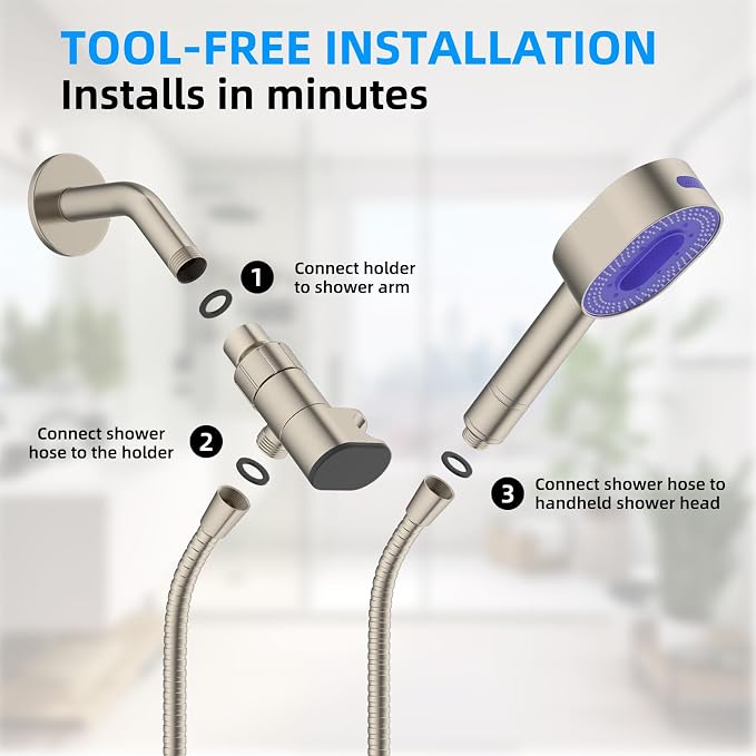 Hibbent Upgraded Metal Shower Head Holder with LED Display Shower Thermometer, Adjustable Shower Arm Mount for Handheld Shower Head, Universal Shower Head Bracket, Solid Brass Ball, Brushed Nickel