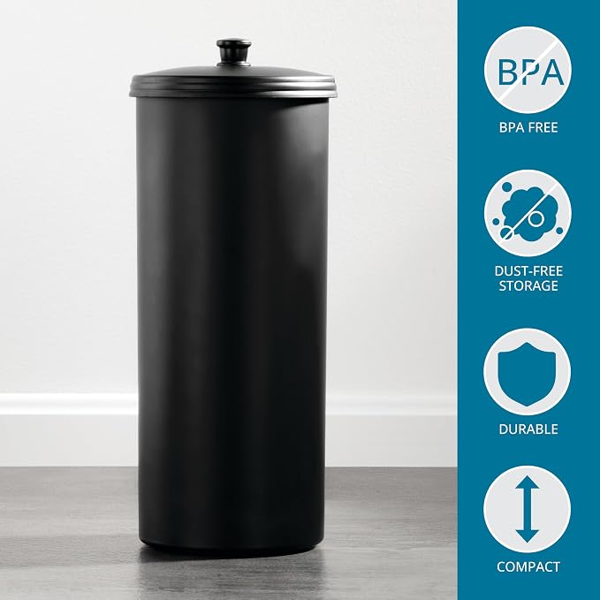 iDesign Freestanding Bathroom Toilet Paper Storage Holder, Matte Black | With Lid, For 3 Extra Rolls