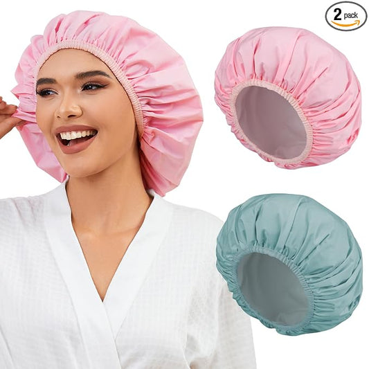 2 Pack Shower Caps for Women, Reusable Waterproof Shower Cap with Elastic Band, Thickened Waterproof Fabric Shower Bonnet for Braids, Long Hair