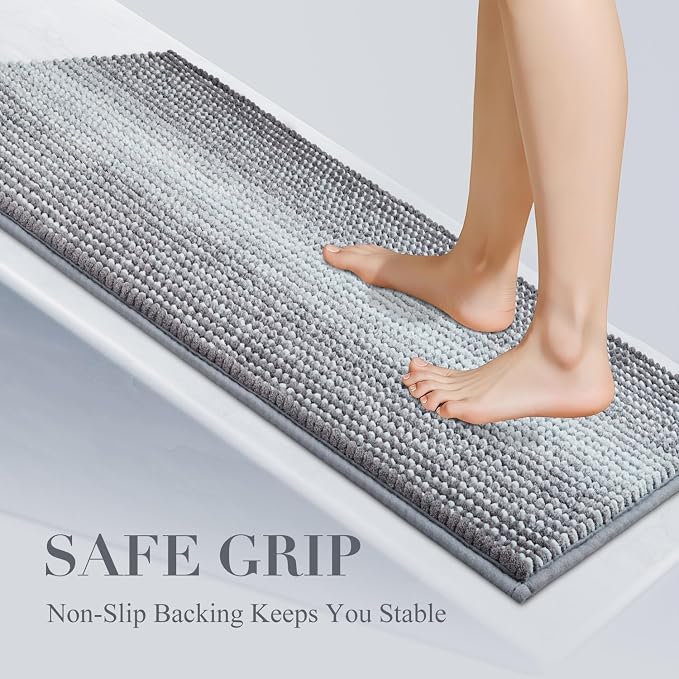 Bathroom Rugs, 20x32 Chenille Bath Mats, Stone Blue | Extra Soft Absorbent, Non Slip Striped, Quick Dry Machine Washable, Shower Rug for Bathroom Bedroom Decor
