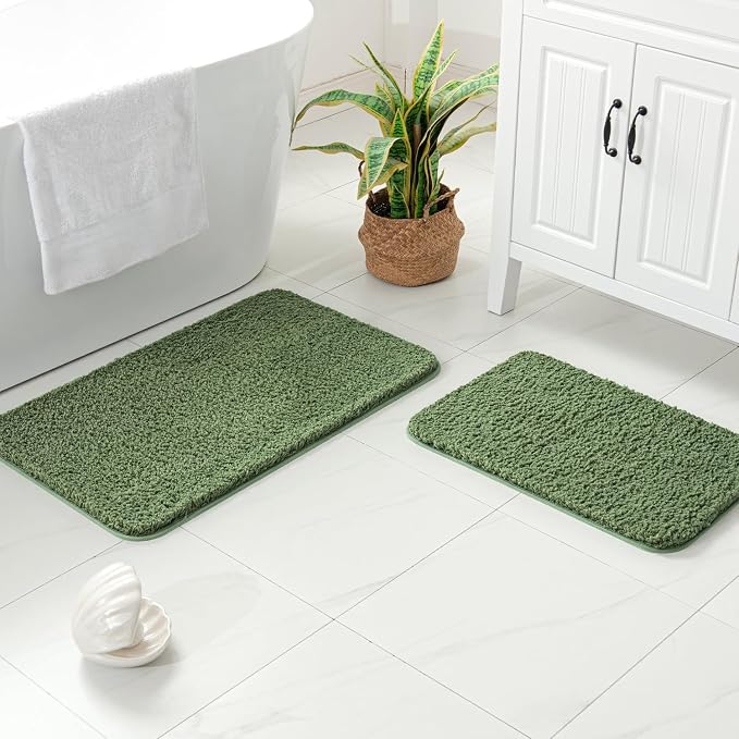 MIULEE Moss Green Bathroom Rugs Set 2 Piece Soft Bath Mats 16x24+20x30 Inch | Soft Absorbent Microfiber Bath Rugs, Non Slip, Quick Dry, Fluffy Bath Rugs for Bathroom Floor Tub Showers, Machine Washable