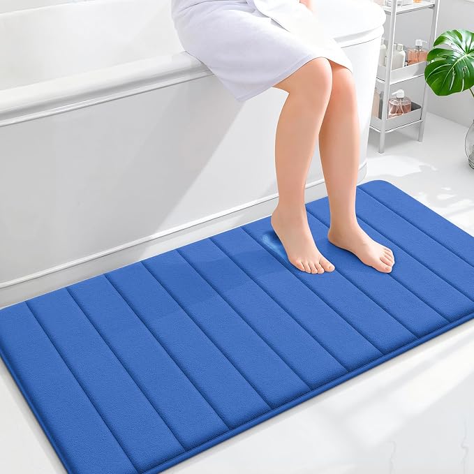 OLANLY Memory Foam Long Bathroom Rugs Runner 47x24, Super Soft Absorbent | Deep Navy Blue, Quick Dry Bath Mat, Machine Washable Shower Floor Rugs, Bathmat Carpet for Bathroom Floor, Tub and Shower
