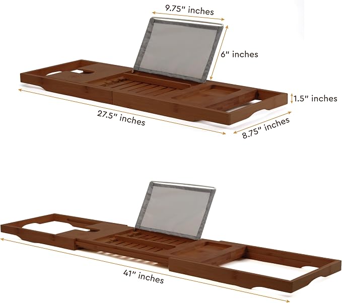 Bamboo Bathtub Caddy Tray - Expandable Waterproof Spa Bath Tray with Wine Glass Holder, Book/Tablet Stand, and Phone Slot - Non-Slip, Adjustable Handles for Most Tubs (Brown)