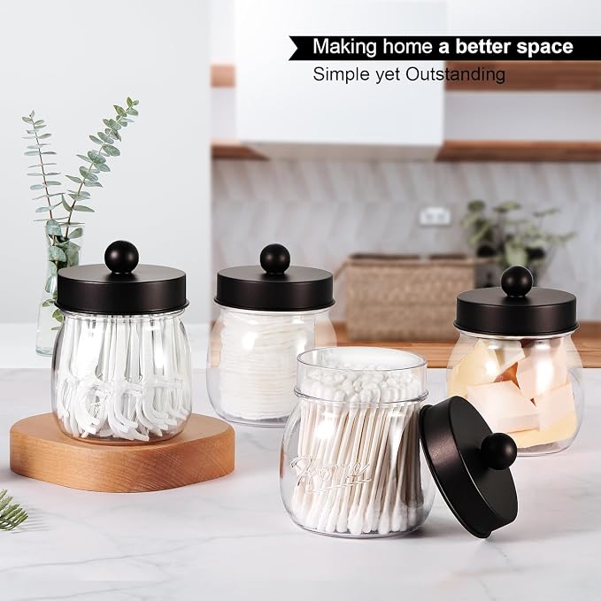 SheeChung 6 Pack Acrylic Mason Jar Qtip Holder Dispenser with Labels,Bronze | Small Plastic Apothecary Jars,Vanity Canisters for Cotton Swabs,Balls,Floss Picks,Bathroom Storage Organizers,Farmhouse Decor
