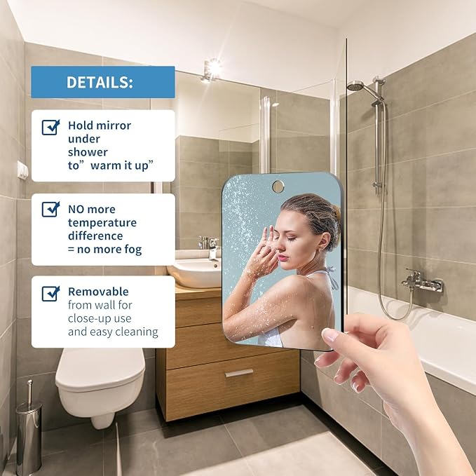 Shower Mirror Fogless for Shaving,(Medium 8x6 Inch) Anti Fog Shaving Mirror Holder NO-Drilling, No Fog Free Waterproof,Small Wall Mounted Bathroom Accessories Camping Hanging with Hook