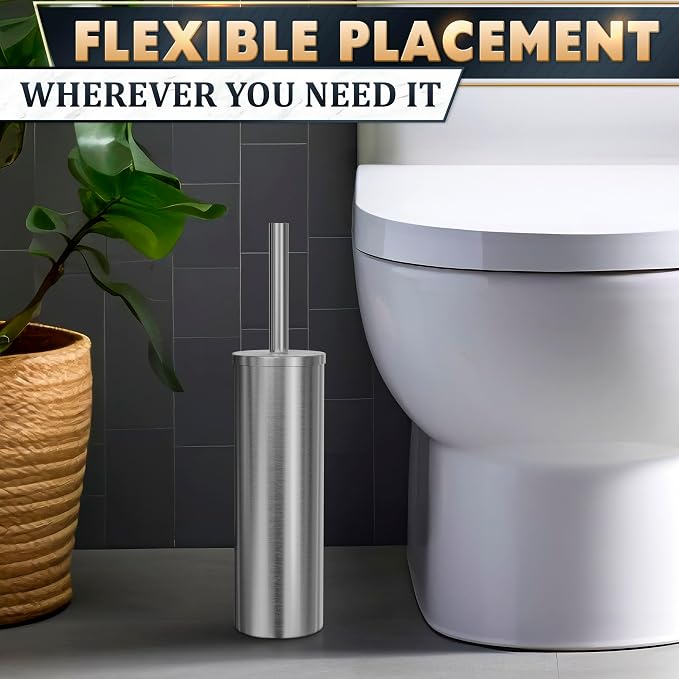 Stainless Steel Toilet Brush and Holder Set - Free-Standing Toilet Bowl Brush and Holder with Removable Inner Bowl, Splash Cover, Sturdy Bristles, Corrosion & Scratch Resistant - Modern Toilet Design
