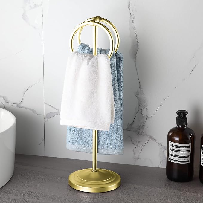 BGL Fingertip Towel Holder Stand Hand Towel Ring for Bathroom or Kitchen Vanity Countertops to Store Hand Towels Washcloths or dishcloths - 2 Hanging Rings,Gold…