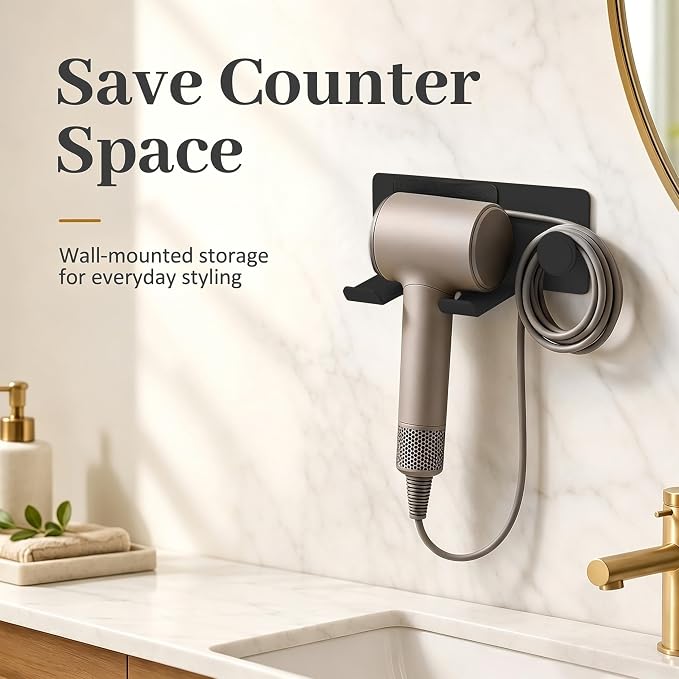 BVL Matte Black Hair Dryer Holder Wall Mount, Aluminum Blow Dryer Rack with Protective Contact Pad, Adhesive Pad & Screws Included, Renter Friendly Bathroom Organizer