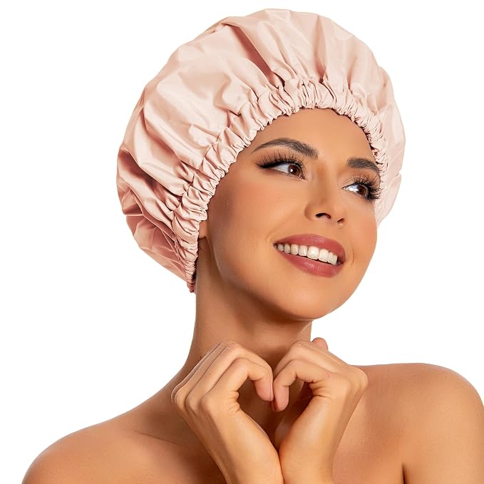 Edoneery Shower Caps for Women Reusable Waterproof, Shower Hair Cap | Washable Bonnet, Wide Elastic Band, Large Fit, Holds Long Hair, Braids Friendly, Bath Accessories, Spa, Travel