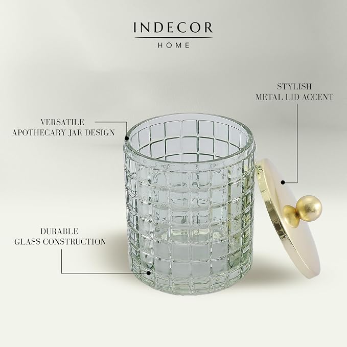 Sage Colored Tranlucent Apothecary Etched Geometric Grid Glass Jar W/Gold Metal Lid Cover for Bathroom Organization, Cotton Balls, Q Tips, and Small Accessories, Bathroom Storage