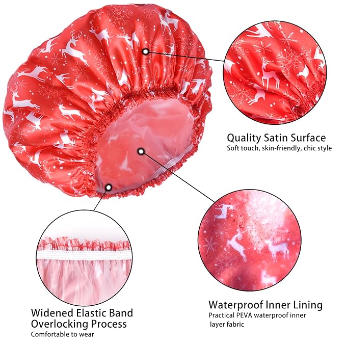 Shower Caps for Women, 4 PCS Reusable Waterproof Bath Cap | Double Layer, Washable, Wide Elastic Band, Holds Long Hair, Caps for Bath Accessories, Spa, Travel Home - Chrismas Pattern
