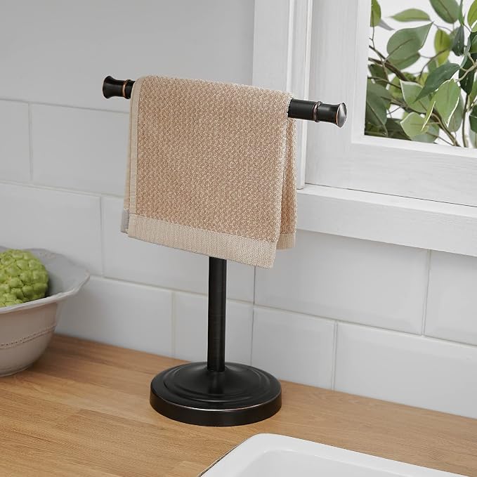RUMOSE 13 Inch Oil Rubbed Bronze Towel Stand Hand Towel Holder Bathroom Kitchen Vanity Countertop T-Shape Towel Rack Free Standing Stainless Steel Towel Bar Towel Ring