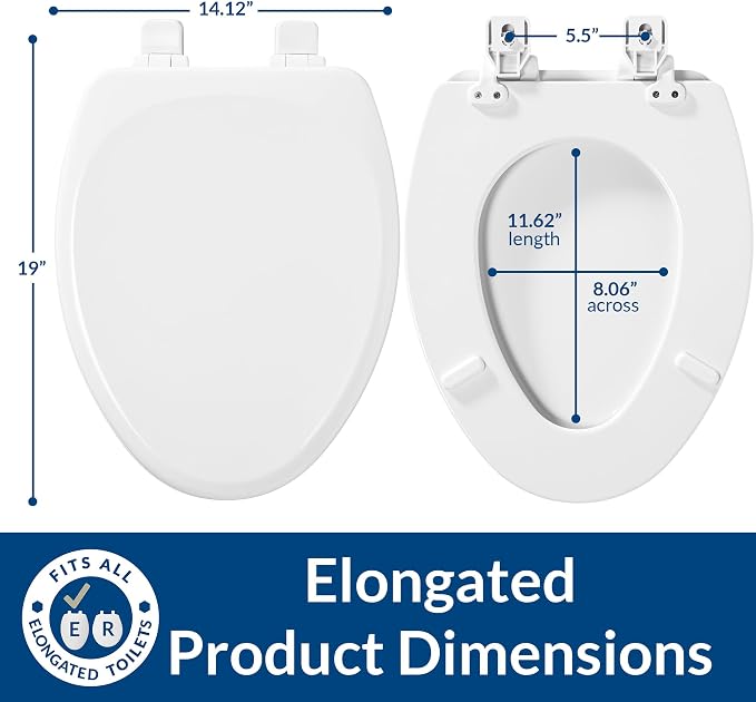 Mayfair Linden Slow Close Toilet Seat, Non Slip Heavy Duty Wood, Easy Install, Made in USA, Elongated, White, 4 Pack