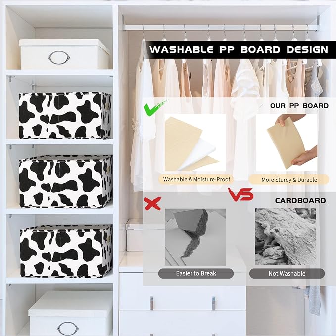 ANMINY 2PCS Fabric Storage Bin Cow Print Cotton Linen Foldable Open Storage Basket Box with Handles PP Plastic Board Label Window Pocket Decorative Washable Closet Shelf Organizer Container - Medium
