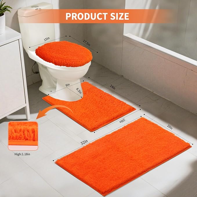 Bathroom Rugs Sets 3 Piece with Toilet Seat Cover 17.5"x 15" | Machine Washable Bath Rug Set with Tpr Non Slip Rubber Backing Solid Bath Mat Set for Luxury Bathroom Decoration