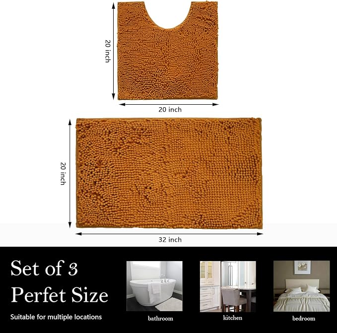 Bathroom Rugs Chenille Bath mat 2 Piece Set, Super Absorbent, Strong PVC Non Slip Backing, Bath mats for Bathroom, Plush Shaggy, Thick, Machine Washable, Bathtub, Toilet.(Champagne)