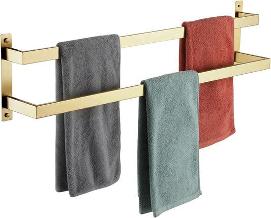 KOKOSIRI Bath Towel Bars Bathroom 2-Tiers Ladder Brushed Gold Towel Rails 32-Inch Towel Holders Wall Mounted Towels Shelves Rack Stainless Steel, B5008BG-L32