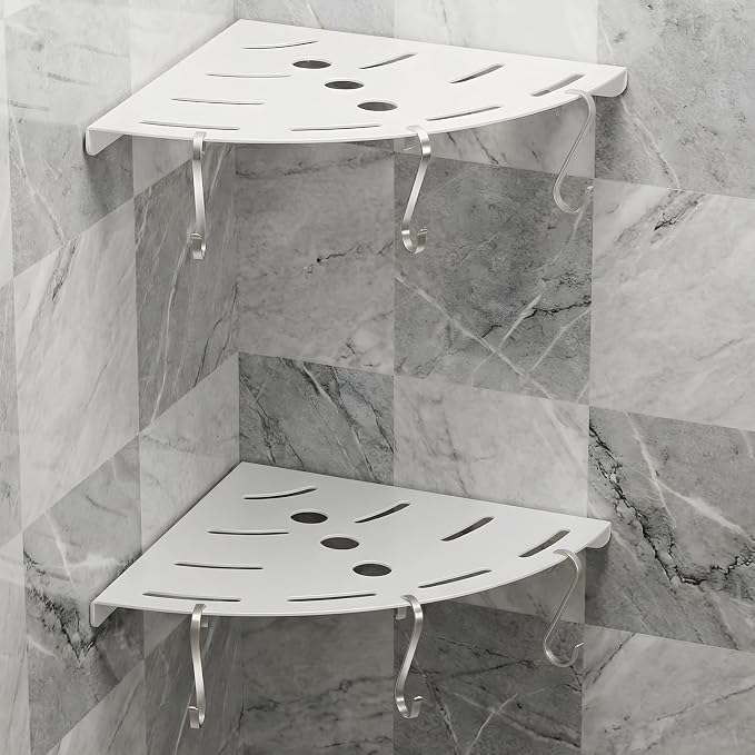 2 Pack Corner Shower Shelves, 304 Stainless Steel Corner Shelf Bathroom with 6 Hooks 40 lbs Heavy Duty, Durable for Inside Shower Brushed Nickel Drilling Installation（White