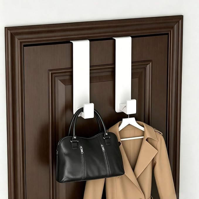 HUFEEOH Over Door Hooks, Stainless Steel Door Hanger with Non-Slip Pads, Easy Install Towel Coat Storage Fits 1-3/4" Thick Door (White, Fits 1-3/4" Thick Door -L Shape - 2 Pack)