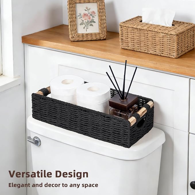 CubesLand Back of Toilet Storage Basket for Organizing w/Cut Out Handle, Handwoven Toilet Tank Top Paper Baskets, Small Wicker Decorative Basket for Countertop, Home, Living Room, Nursery, Black