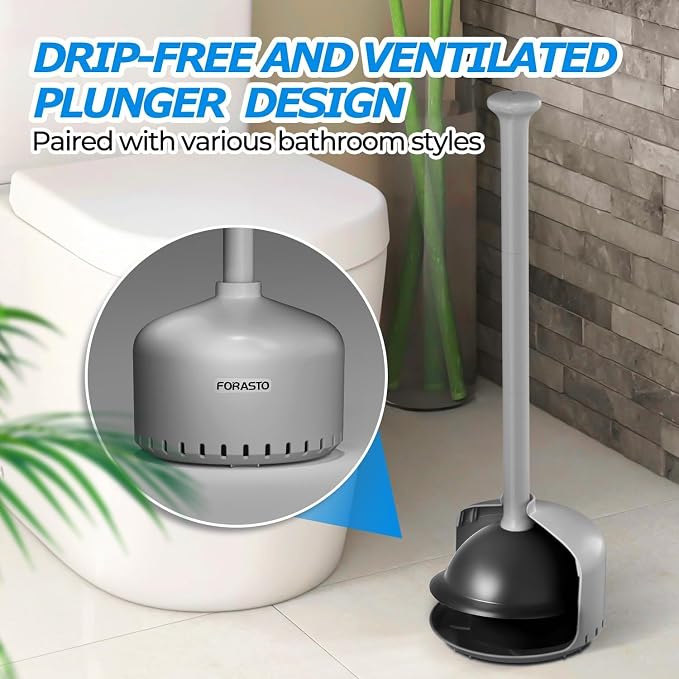 FORASTO Toilet Plunger with Holder - Heavy Duty Bathroom Cleaning Tools | Plungers for Bathroom, Toilet Bowl Cleaners, Apartment Must Haves, Bathroom Decor Accessories, Home Essentials, Charcoal Gray
