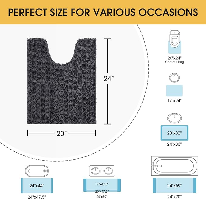 ACCUMTEK Upgrade Luxury Grey Toilet Bathroom Rug Mat 24" x 20" Contour Rug, Ultra Soft Thick Absorbent Bath Mats, Non Slip Chenille Toilet Mat for Bathroom, Bedroom, Kitchen, Shower, Tub, Charcoal
