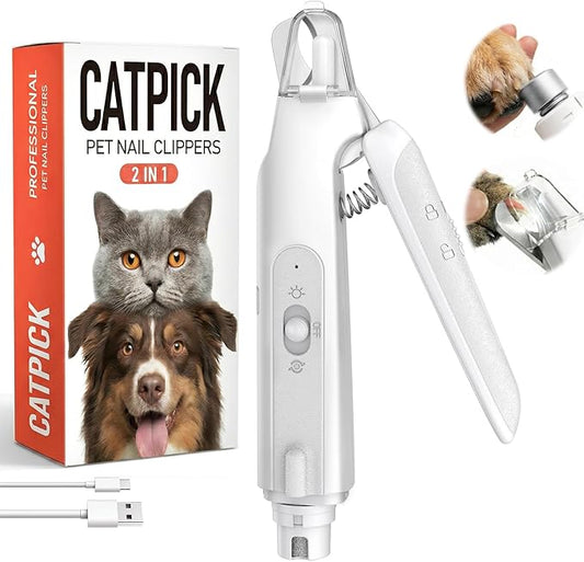 2-in-1 Dog&Cat Nail Clippers with Light, Type-c Pet Claw Trimmer & Grinder | Catpick care Rechargeable Nail Cutter, Stainless Blade, Safety Lock & Catcher Grooming for Small Medium Large Pets, White