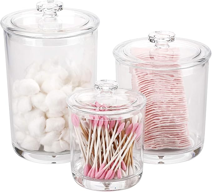 Hipiwe Clear Plastic Apothecary Jars with Lid, Large Size Bathroom Storage Canister Jar Cotton Ball and Swab Organizer Q-Tips Holder, 60-Ounce, 30-Ounce and 15-Ounce, Set of 3 (Pack of 2)