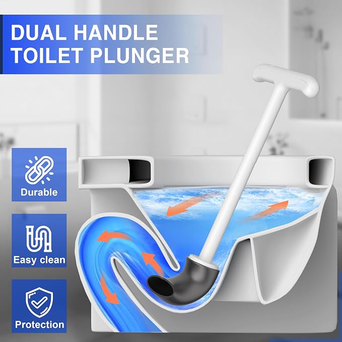 Upgraded Toilet Plunger with Holder, Wall Mounted Toilet Bowl Plunger with Hideaway Caddy, Dual Handle Plunger for Bathroom Built-in Drip Tray