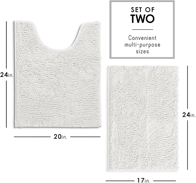 Hearth & Harbor Bathroom Rugs, Chenille Bath Mat - Machine Washable Bath Mats for Bathroom Non-Slip Backing Rubber, Quick Dry Bathroom Mat - White 17x24-20x24