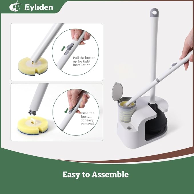 Eyliden Toilet Brush and Plunger Set, Disposable Wand Kit with 10 Refills | Pre-Soaked Concentrated Cleaner Sponge, Touch-Free, 2-in-1 Compact Holder, Powerful Suction Cup, Bathroom Cleaning System