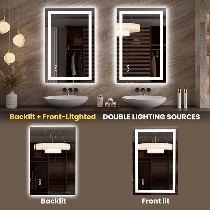 LOAAO 23.6"x35.4" LED Bathroom Mirror with Lights, UL Listed | Anti-Fog, Dimmable, 3 Color Temperature, Backlit + Front Lit, Memory Function, Tempered Glass