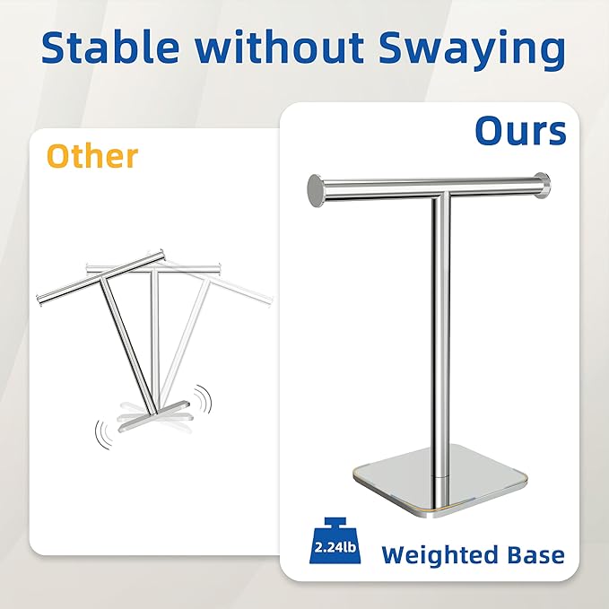 RUACQ T-Shape Hand Towel Holder Stand, 12inch Weighted Base Towel Rack, Countertop Towel Holder for Bathroom, 304 Stainless Steel, Heavy Duty (Chrome)