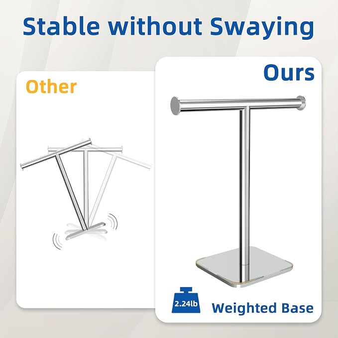 RUACQ T-Shape Hand Towel Holder Stand, Weighted Base Towel Rack, 12" Countertop Towel Holder for Bathroom, 304 Stainless Steel, Heavy Duty (Chrome, 2 Pack)