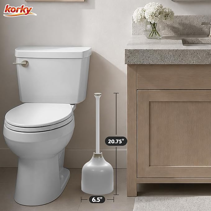 Korky Gray Toilet Plunger and Holder – Fast Clog Removal - Made in USA