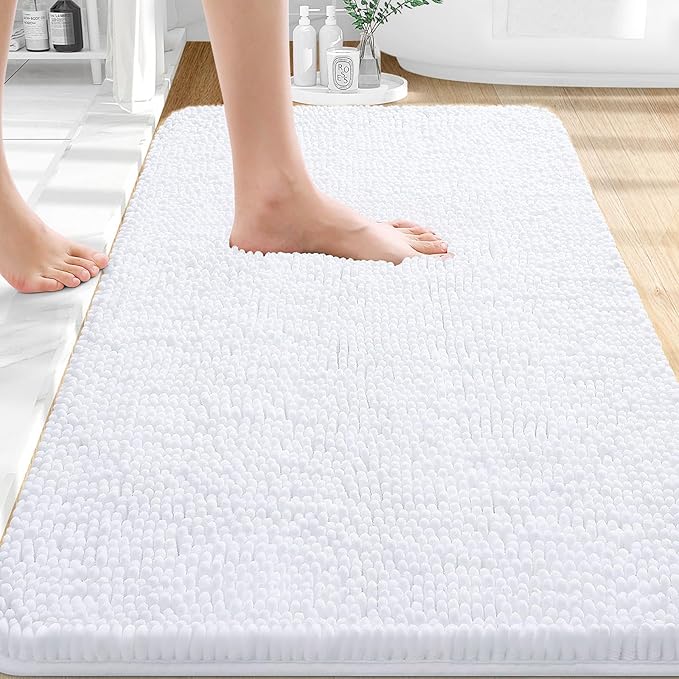 OLANLY Small Bathroom Rugs 30x18, Extra Soft Absorbent Chenille Bath Rugs | White, Quick-Drying Rubber Backing, Machine Washable Bath Mat for Bathroom Floor, Tub and Shower, Home Decor Accessories
