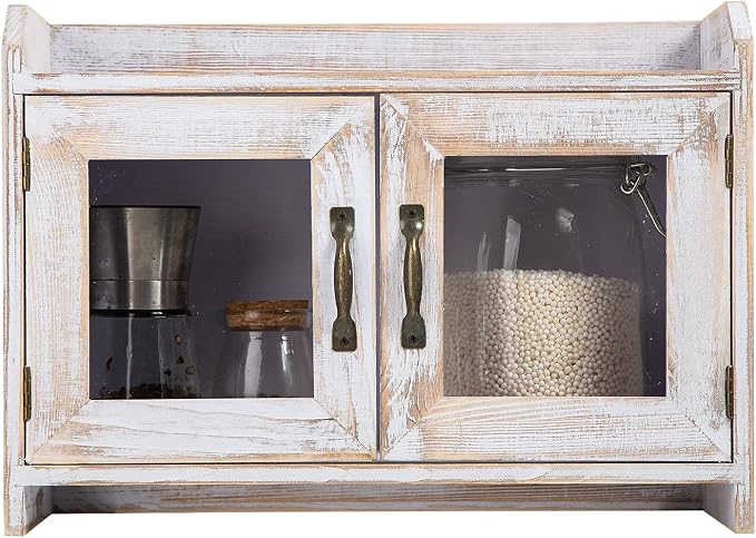 Rustic White Wood Counter Top Storage Cabinet Organizer Shelf Glass Window Doors Wooden Caddy Kitchen Bathroom Tabletop Vanity Chest Antique Farmhouse Style Mini Closet Box Rack Home
