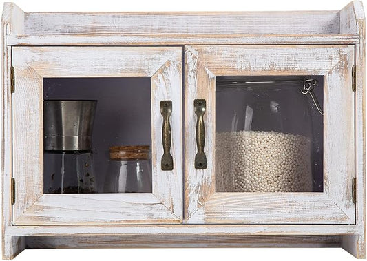 Rustic White Wood Counter Top Storage Cabinet Organizer Shelf Glass Window Doors Wooden Caddy Kitchen Bathroom Tabletop Vanity Chest Antique Farmhouse Style Mini Closet Box Rack Home