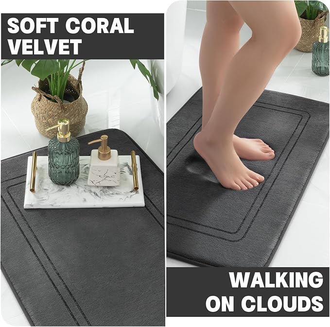 YIHOUSE Memory Foam Bath Mat Set, Bathroom Rugs Sets 2 Pieces, Non Slip Bath Mats for Bathroom, Super Soft and Water Absorbent Bath Rug Set, Machine Washable U Shape Toilet Rug,Dark Grey
