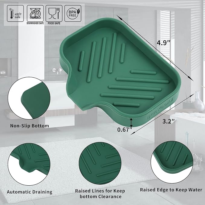MicoYang Silicone Soap Dish with Drain Spout, Self-Draining Sink Organizer Tray for Bathroom and Kitchen, Sponges, Dispensers and Soap Holder, Non-Slip and Dishwasher Safe, Green (Compact, 4.9"×3.2")