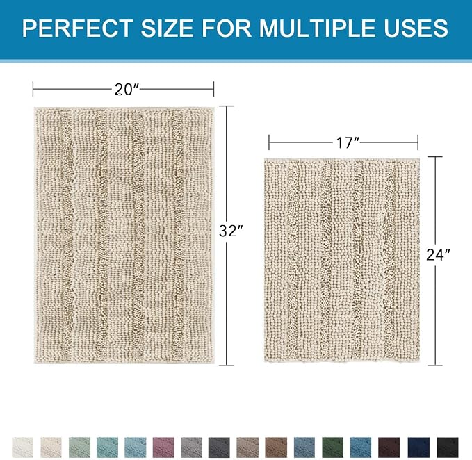 H.VERSAILTEX Bathroom Rug Sets 2 Piece Bath Mats Non Slip Thick Soft Chenille Striped Bath Rug achine Washable Shower Floor Rugs for Tub, Shower and Floor (Fog, 20" x 32"/17" x 24")